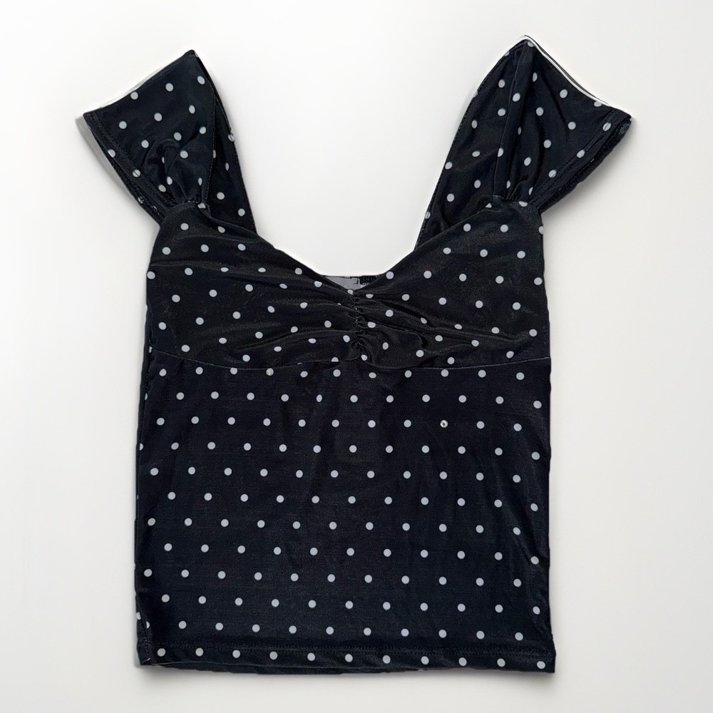 NWT Tillys Polka Dot Cinch Front Top XS Black White Cap Sleeve Y2K Stretch Crop